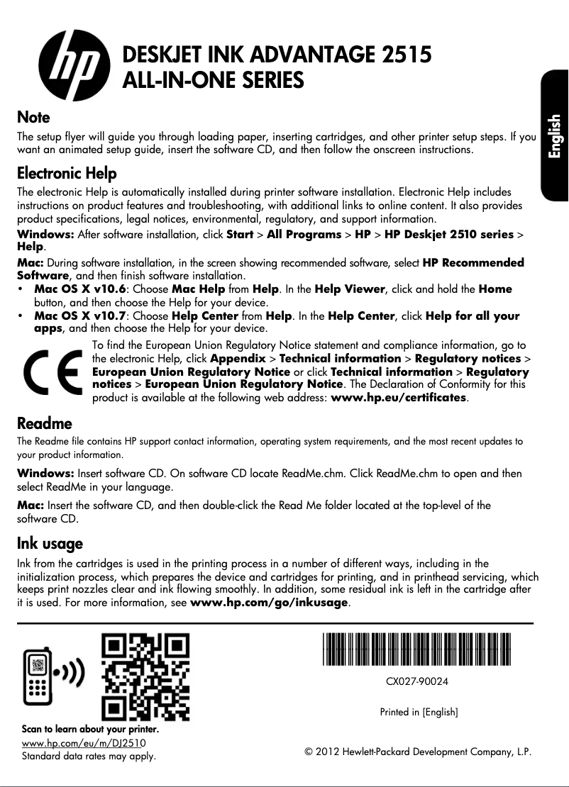 Página 1 del manual Guía de instalación HP Deskjet 2510