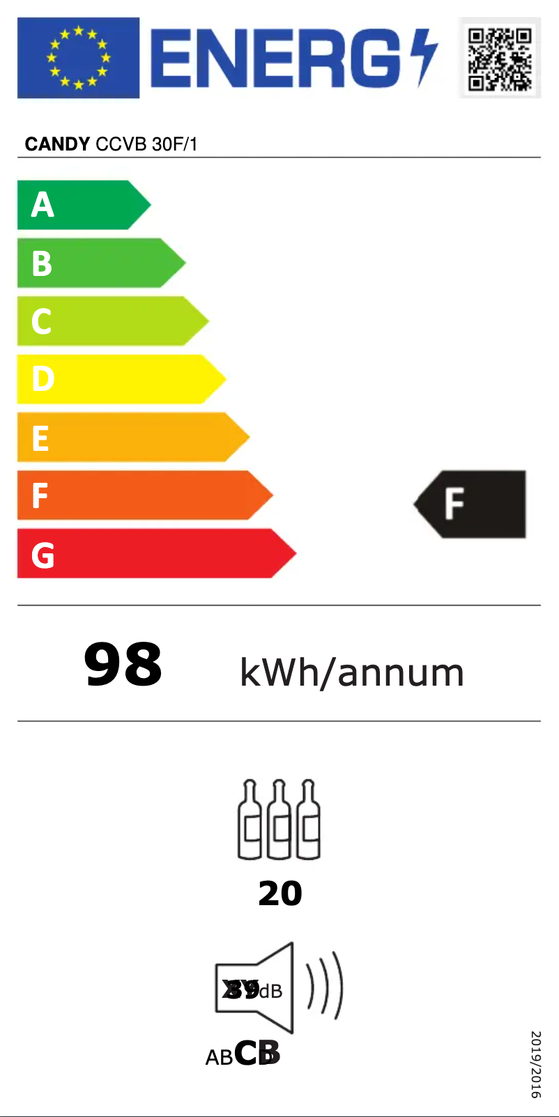Page 1 de la notice Label énergétique Candy CCVB 30F/1