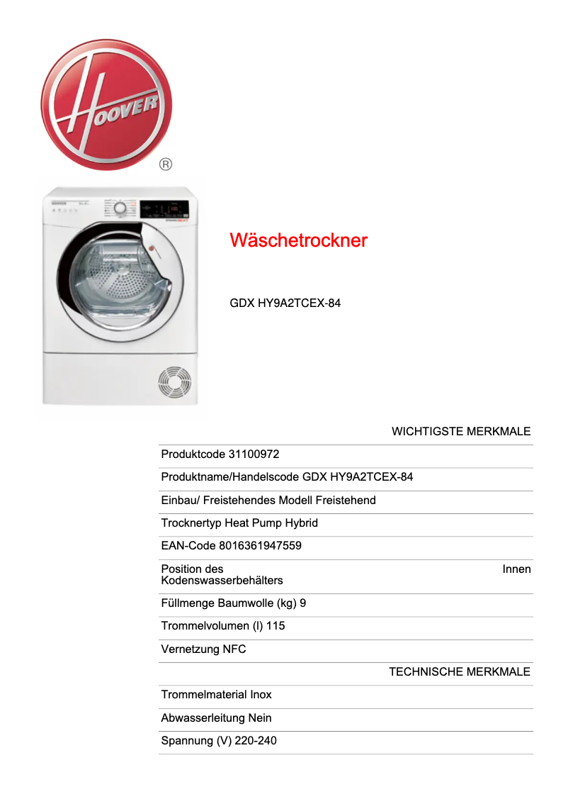 Page 1 de la notice Manuel utilisateur Hoover GDX HY9A2TCEX-84