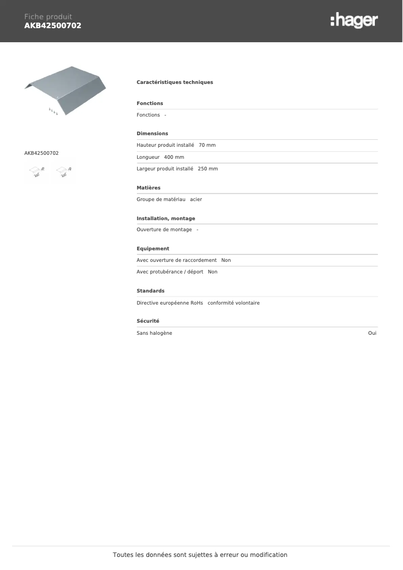 Page 1 de la notice Manuel utilisateur Hager AKB42500702