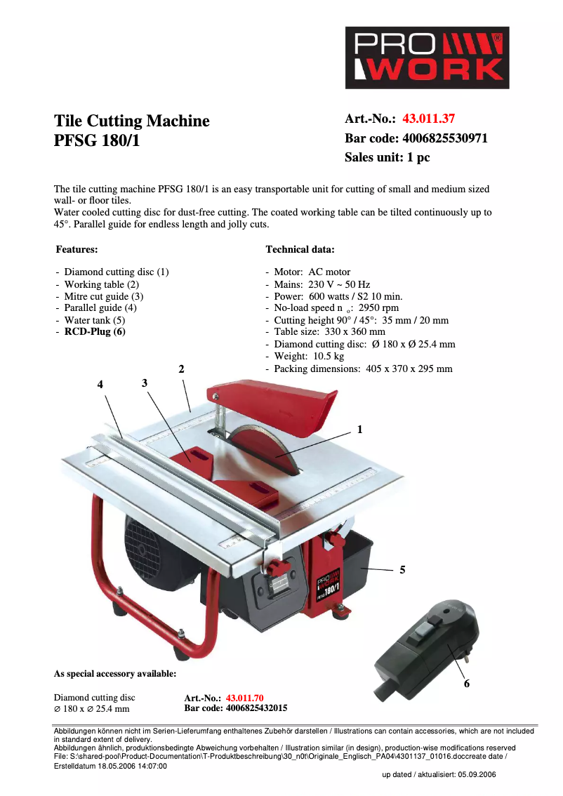 Page n°1 - Manuel utilisateur Prowork PFSG 180/1