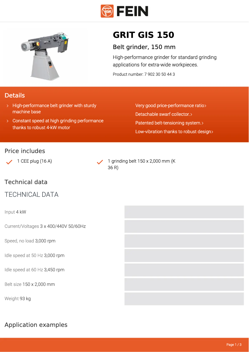 Page 1 de la notice Fiche technique Fein GRIT GIS 150