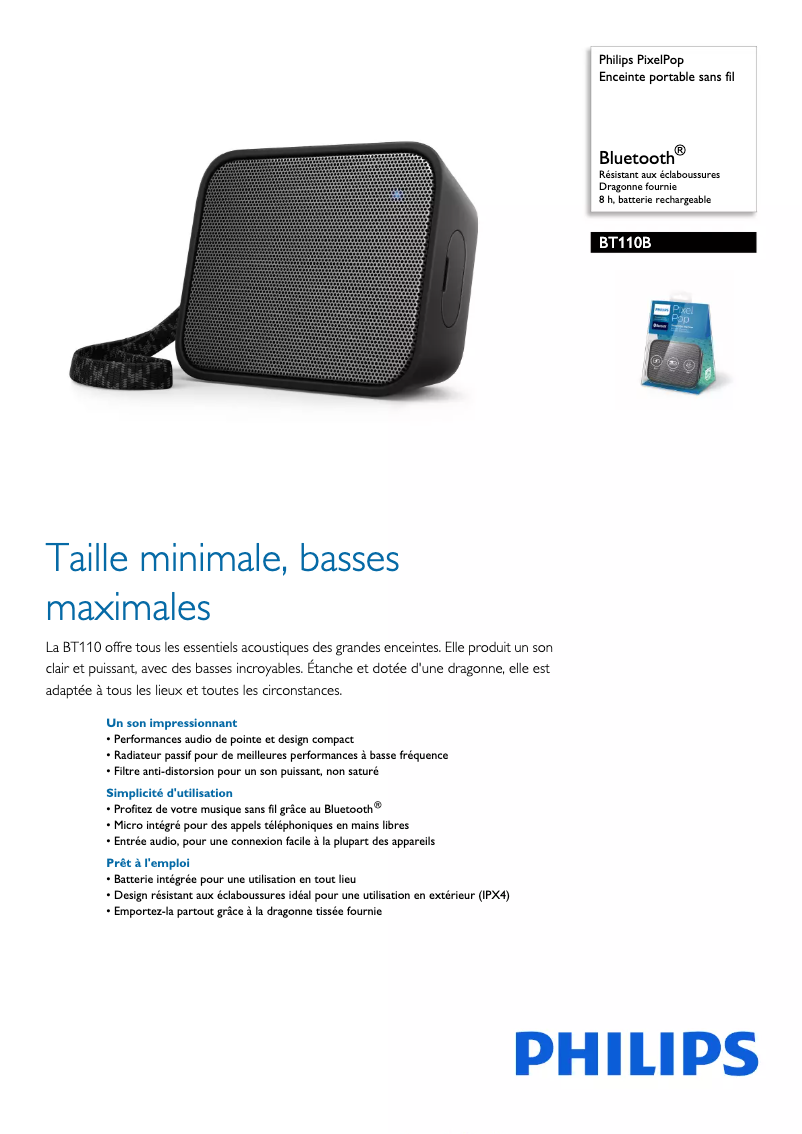 Page 1 de la notice Fiche technique Philips PixelPop BT110