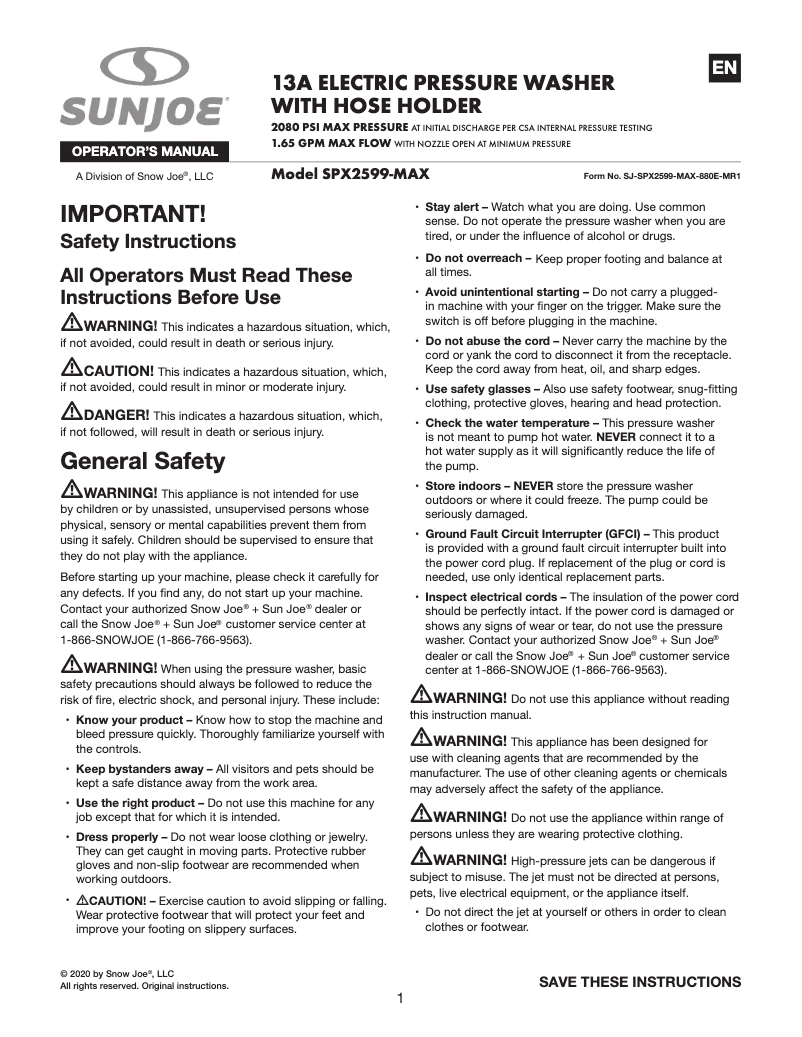 Page 1 de la notice Manuel utilisateur Sun Joe SPX2599-MAX