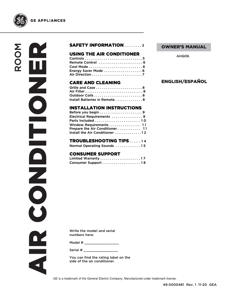 Image de la première page du manuel de l'appareil AHQ06LZ