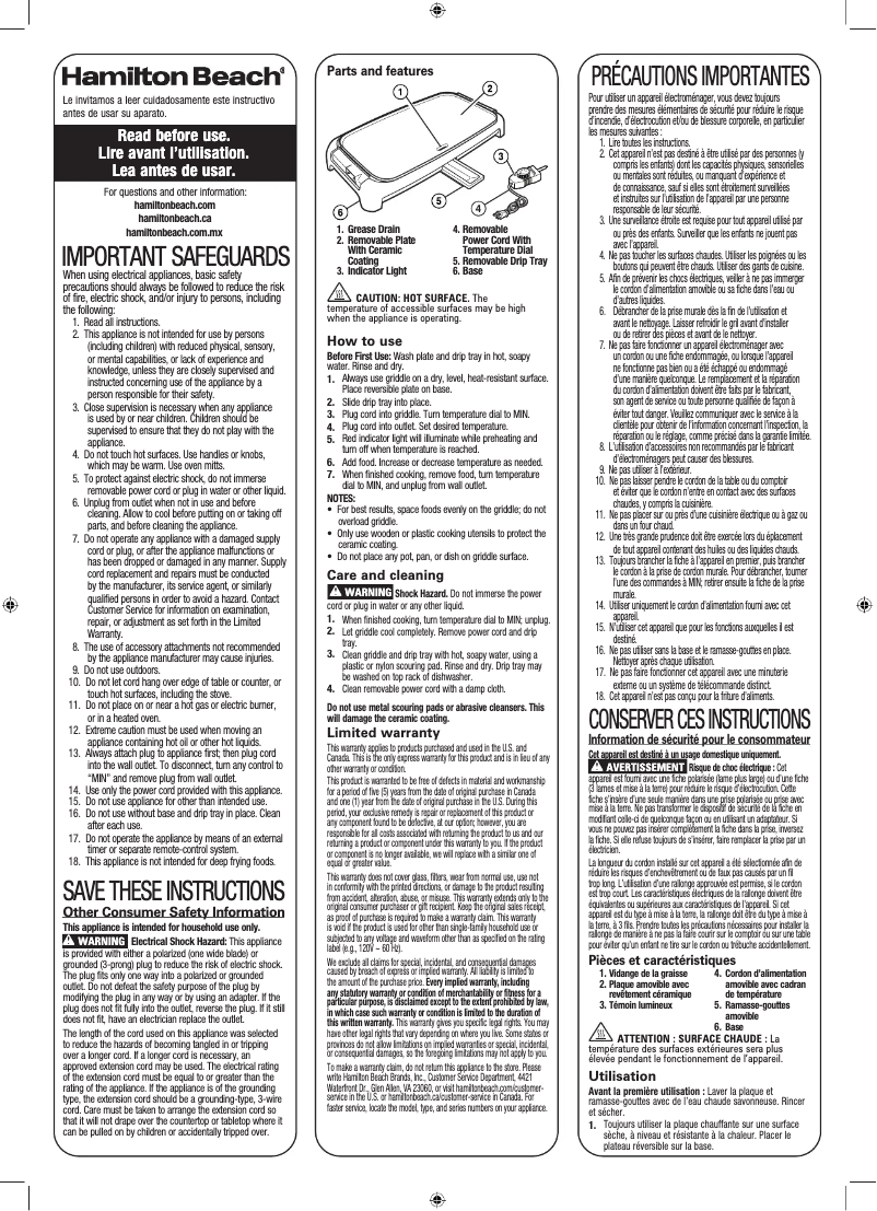 Page 1 de la notice Manuel utilisateur Hamilton Beach Durathon 38519R