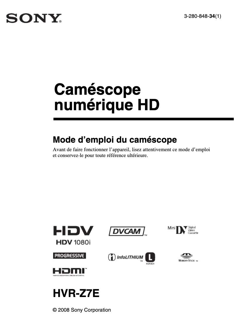 Page 1 de la notice Manuel utilisateur Sony HVR-Z7E