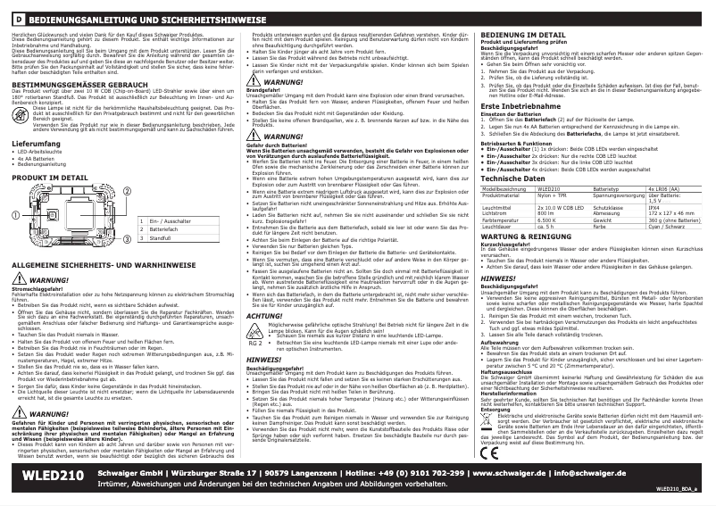 Page 1 de la notice Manuel utilisateur Schwaiger WLED210