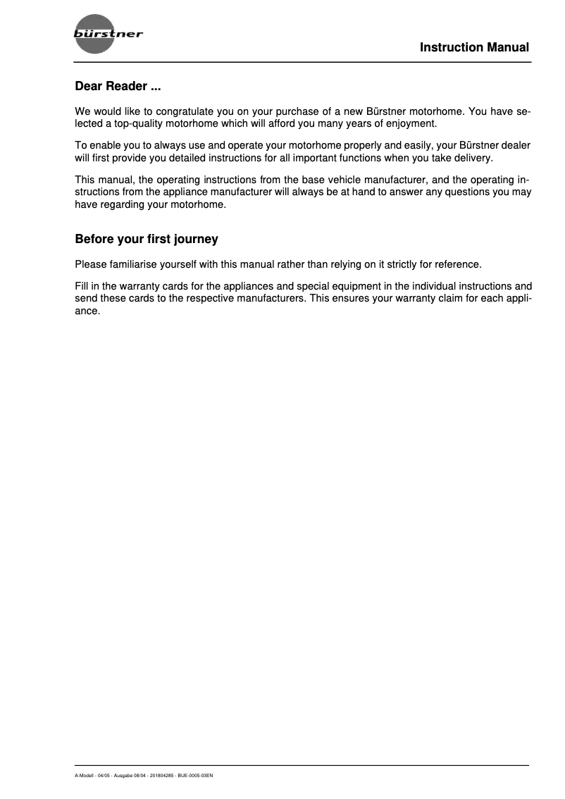 Page 1 de la notice Manuel utilisateur Bürstner A-Modell (2005)