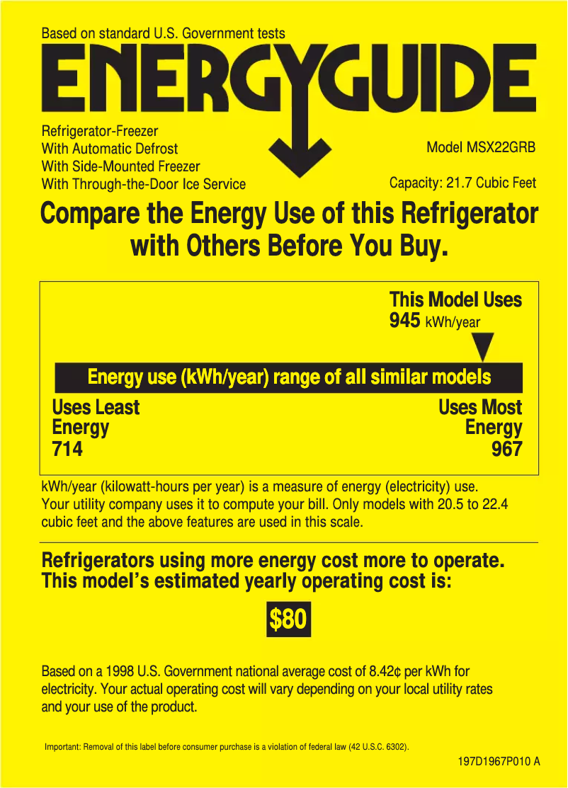 Page 1 de la notice Label énergétique RCA MSX22GRBAA
