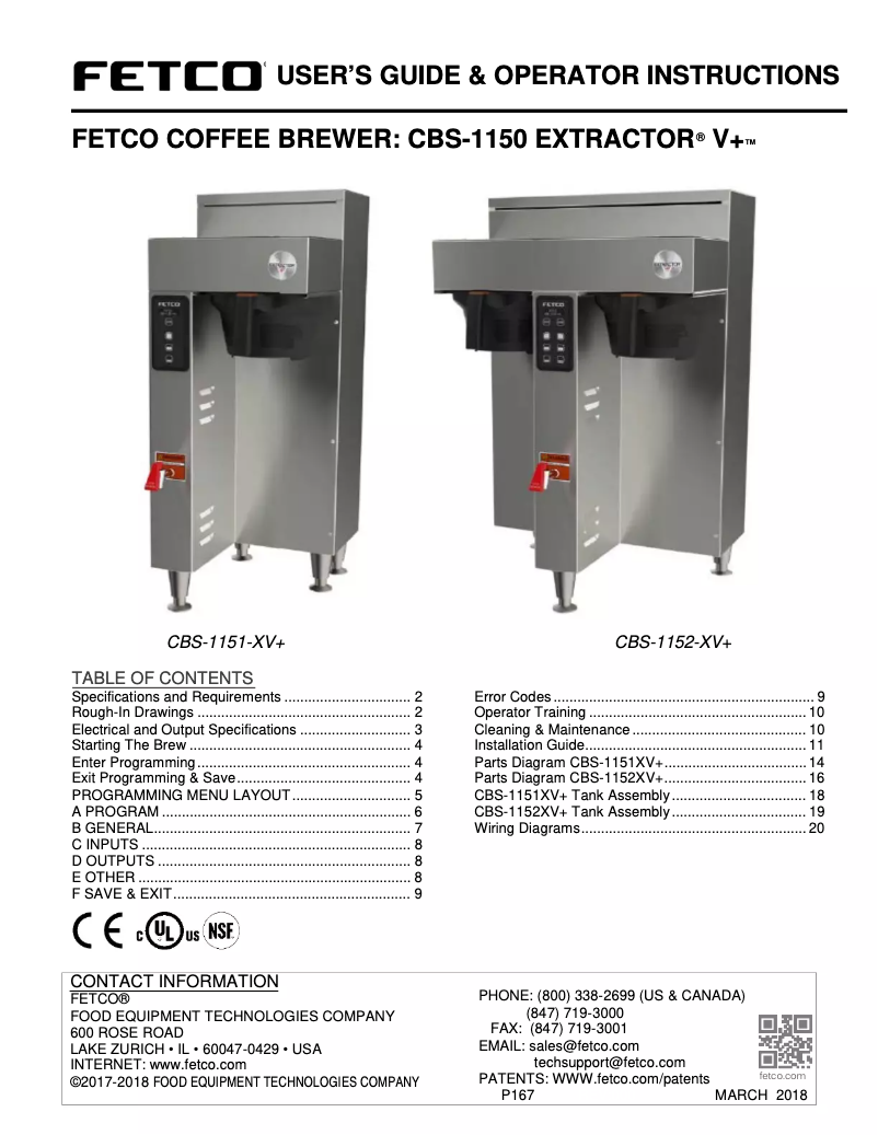Page n°1 - Manuel utilisateur Fetco CBS-1151-XV+