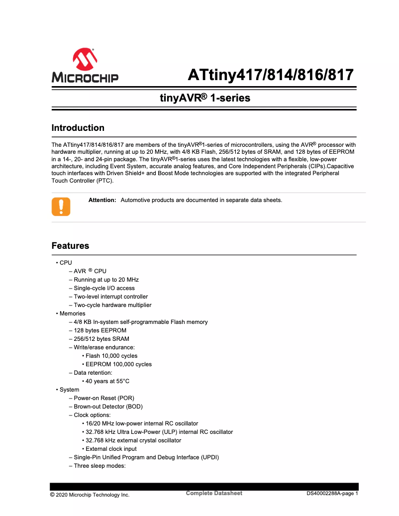 Page 1 de la notice Manuel utilisateur Microchip ATTINY817