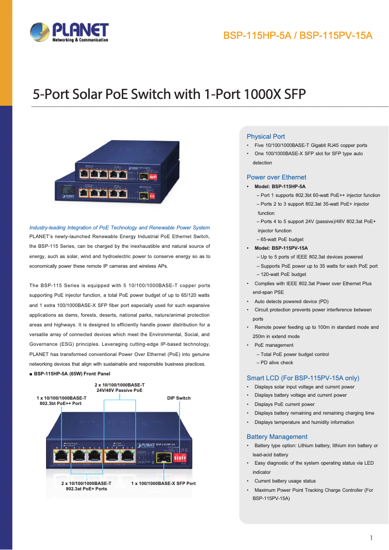 Page n°1 - Fiche technique Planet BSP-115PV-15A