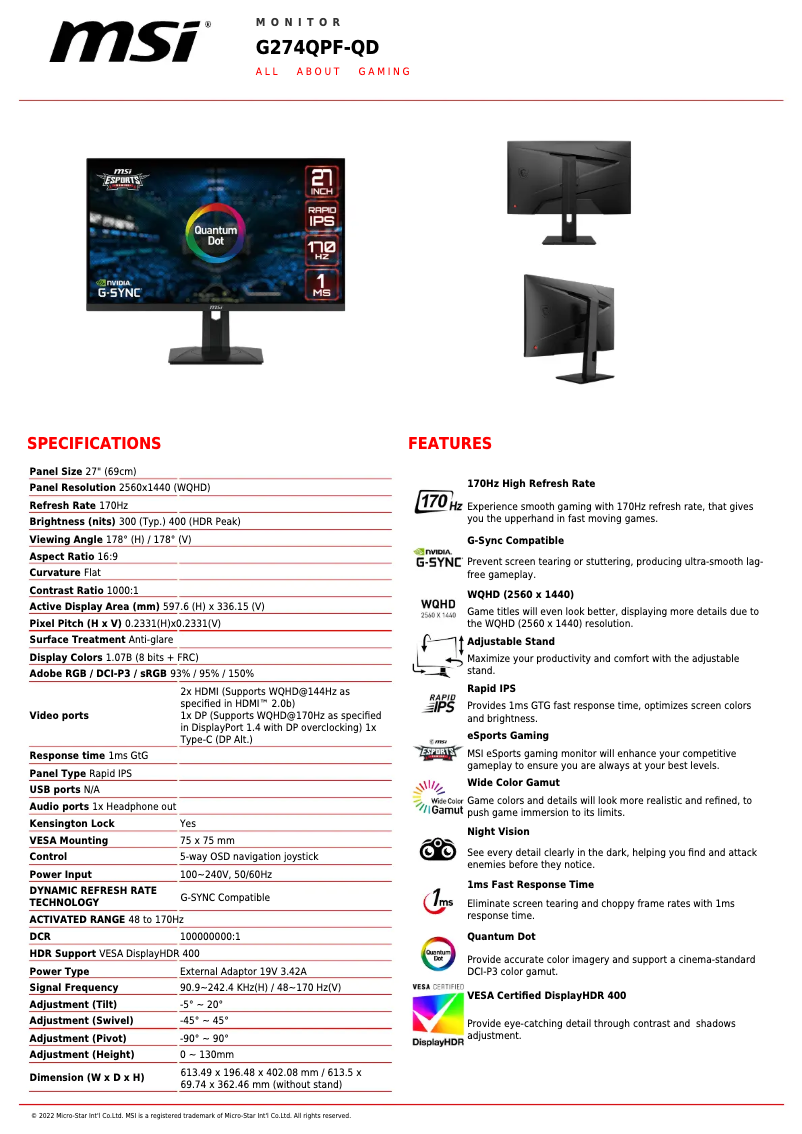 Page 1 de la notice Fiche technique MSI G274QPF