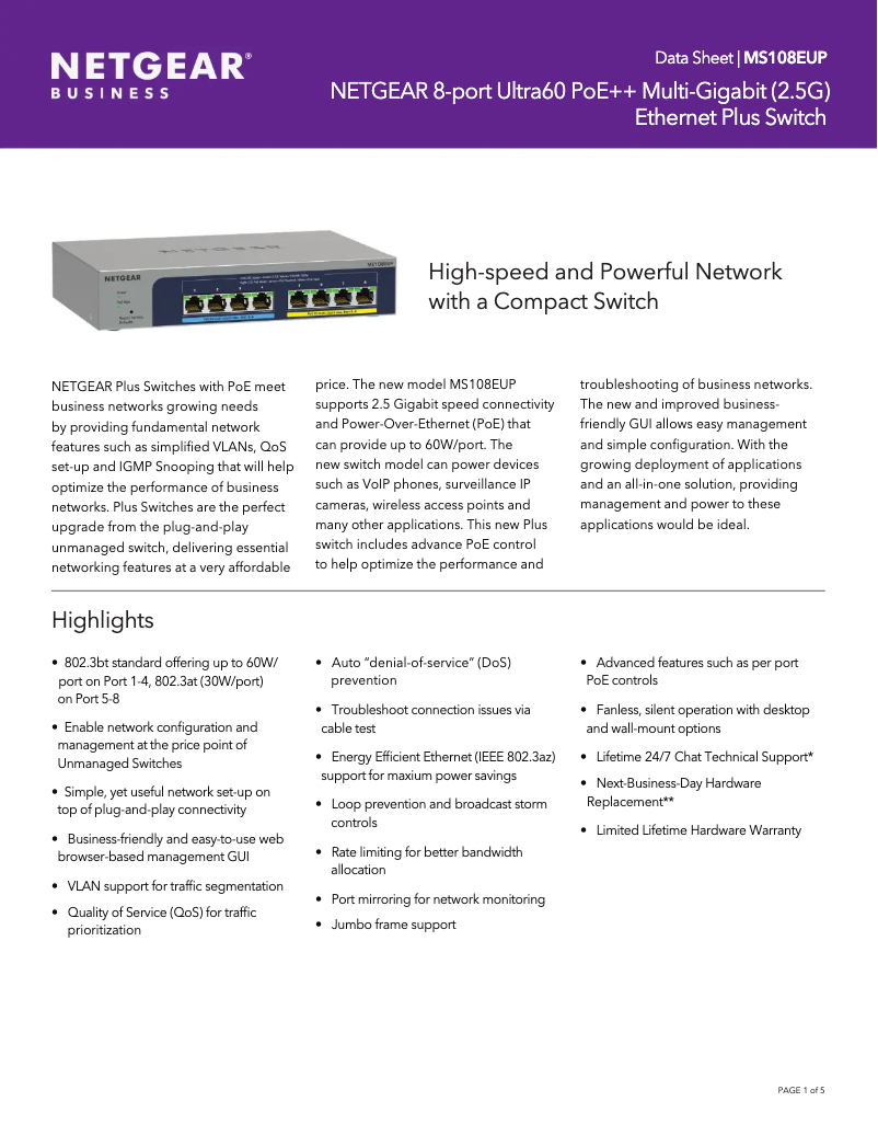 Page n°1 - Fiche technique Netgear MS108EUP