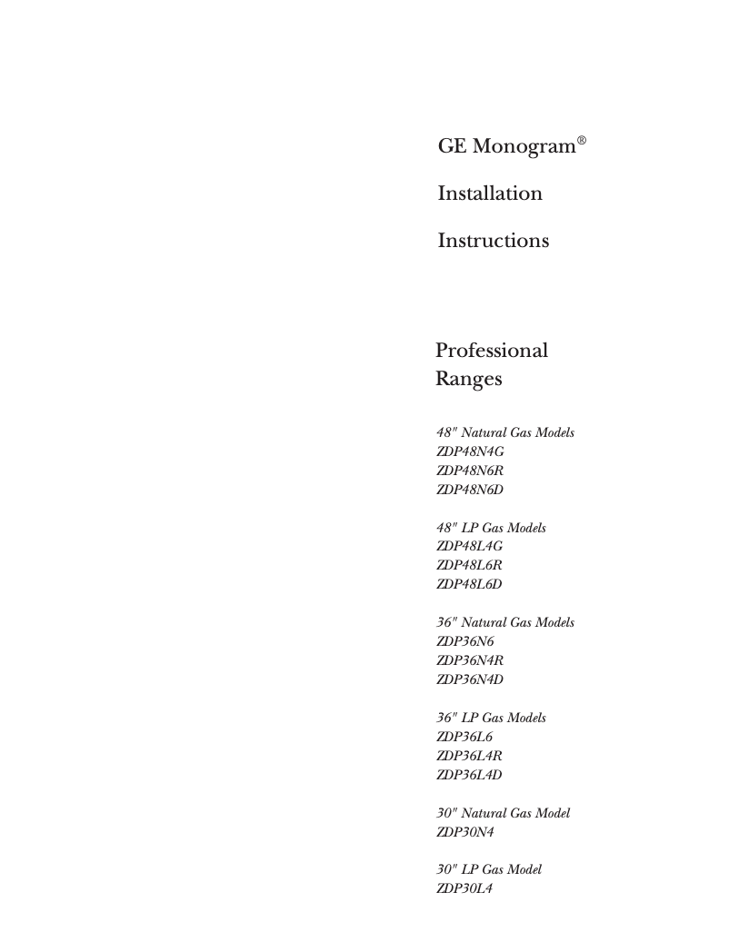 Page n°1 - Guide d'installation GE ZDP36N4RDSS