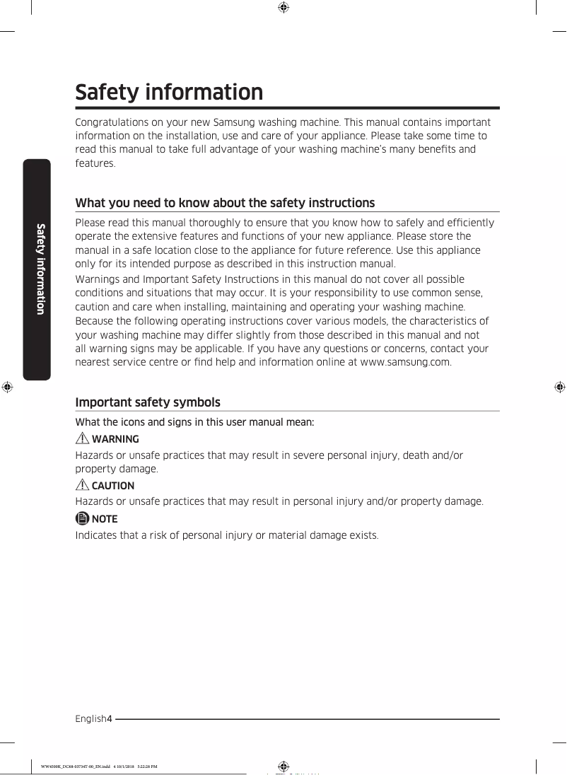 Page 1 de la notice Guide de démarrage rapide Samsung WW90K4430YW