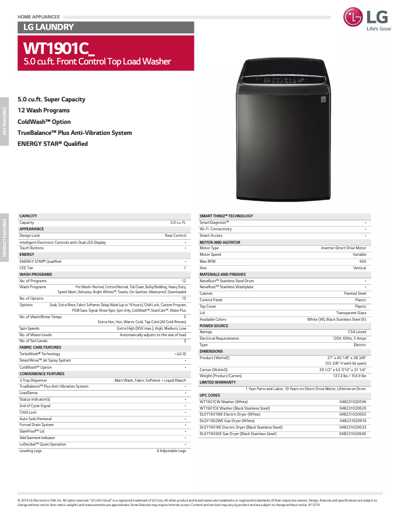 Page 1 de la notice Manuel utilisateur LG WT1901C