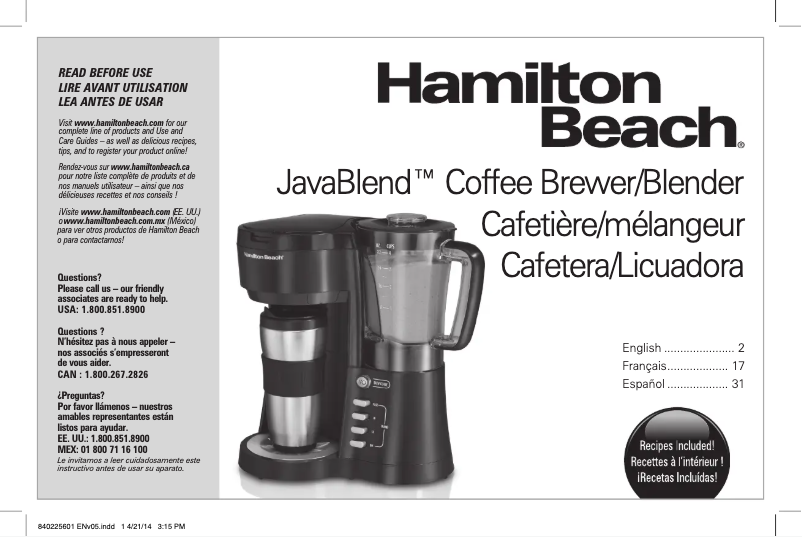 Page n°1 - Manuel utilisateur Hamilton Beach Javablend 40918