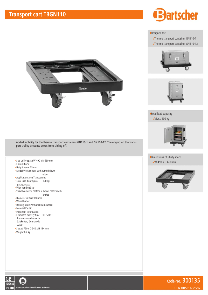 Page 1 de la notice Fiche technique Bartscher TBGN110