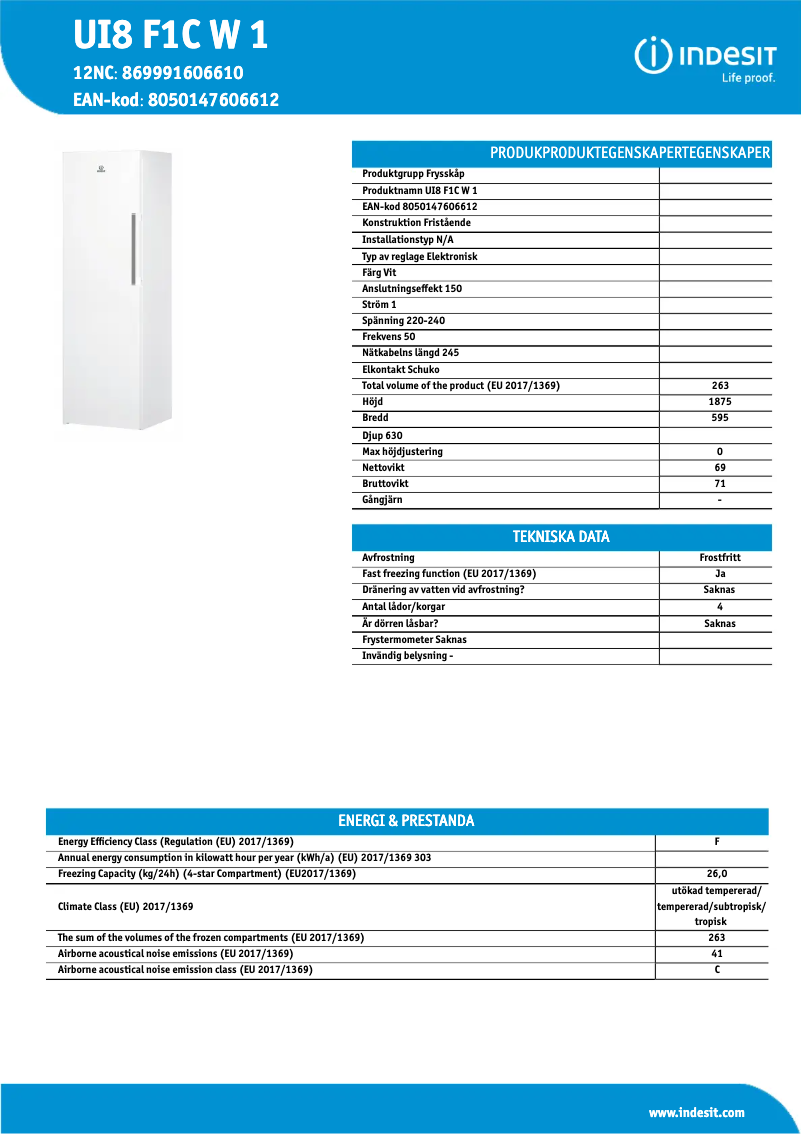 Page 1 de la notice Fiche technique Indesit UI8 F1C W 1