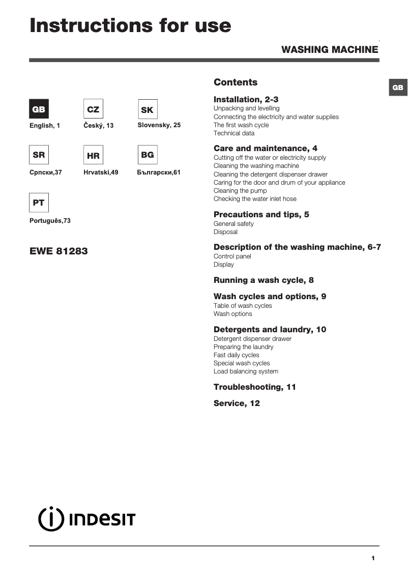 Page n°1 - Manuel utilisateur Indesit EWE 81283 W EU/1