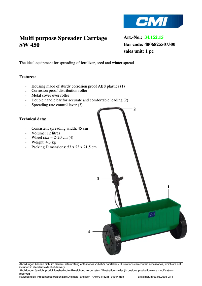 Page 1 de la notice Fiche technique CMI SW 450