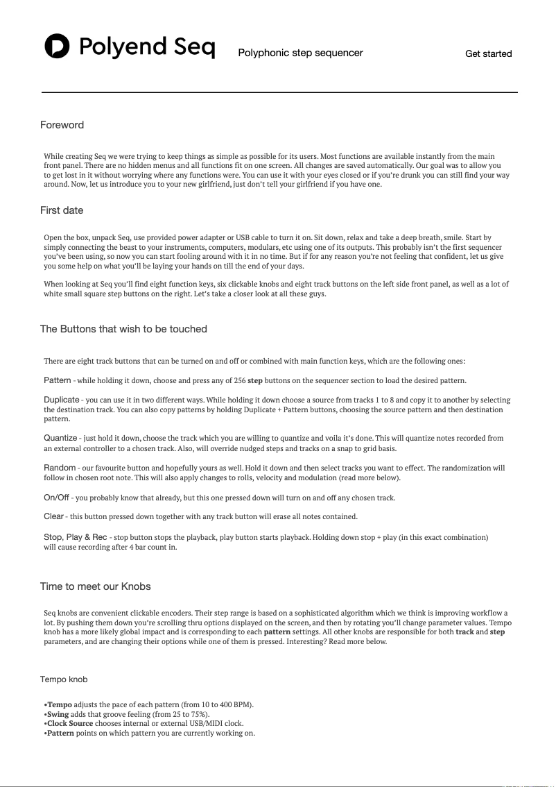 Page 1 de la notice Manuel utilisateur Polyend Seq