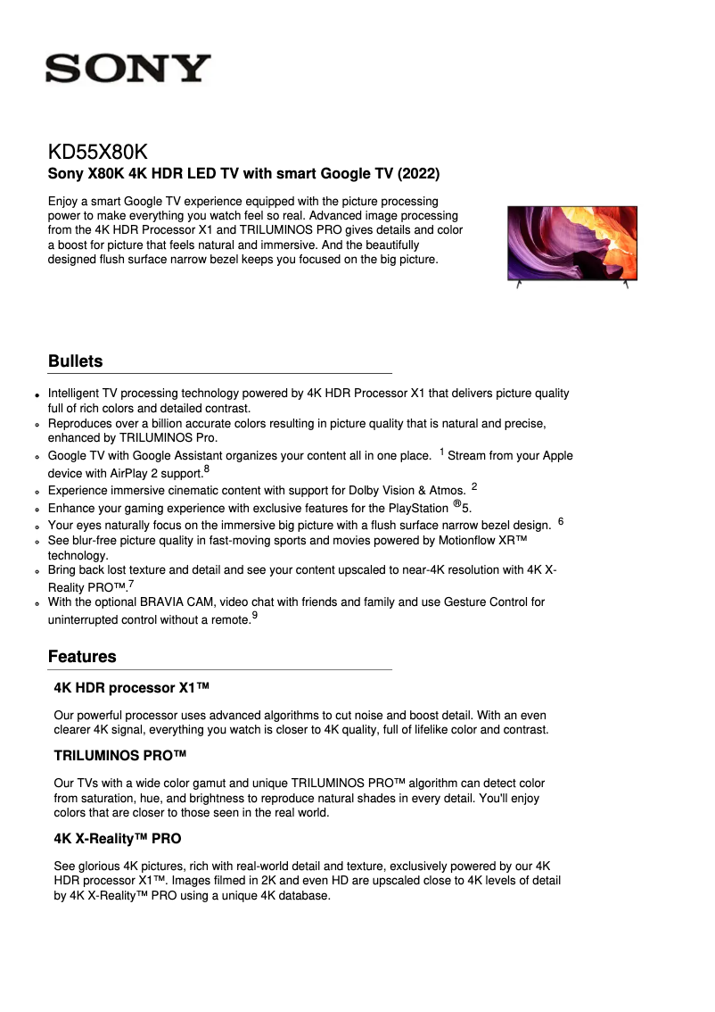 Page 1 de la notice Fiche technique Sony KD-55X80K