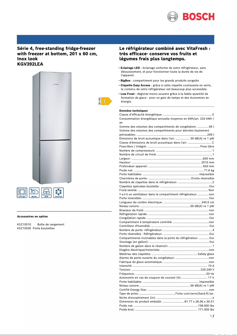 Página 1 del manual Ficha técnica Bosch KGV392LEA