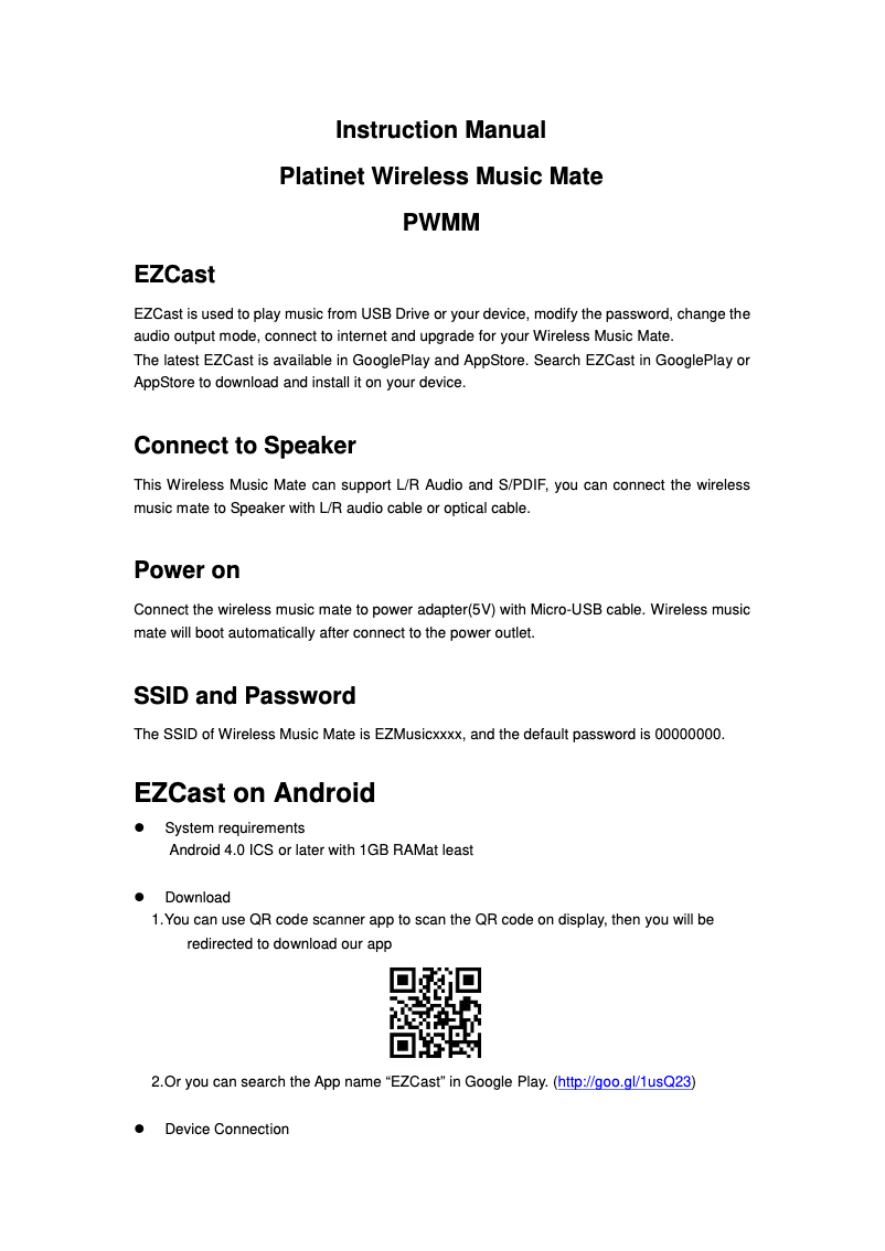 Page 1 de la notice Manuel utilisateur Platinet Wireless Music Mate