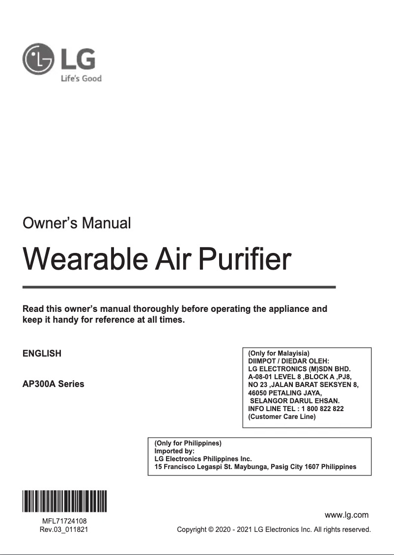 Page n°1 - Manuel utilisateur LG PuriCare AP300AWFA