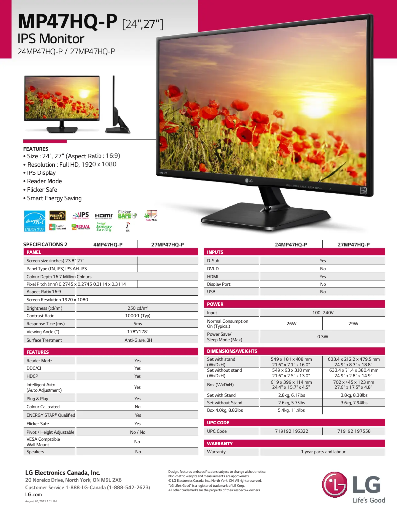 Page 1 de la notice Fiche technique LG 27MP47HQ