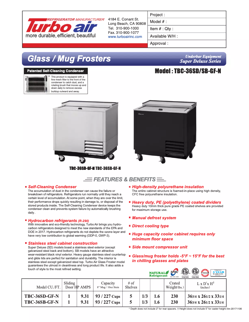 Page 1 de la notice Fiche technique Turbo air TBC-36SD-GF