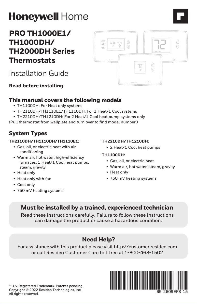 Page 1 de la notice Guide d'installation Honeywell TH2110DH1002/U