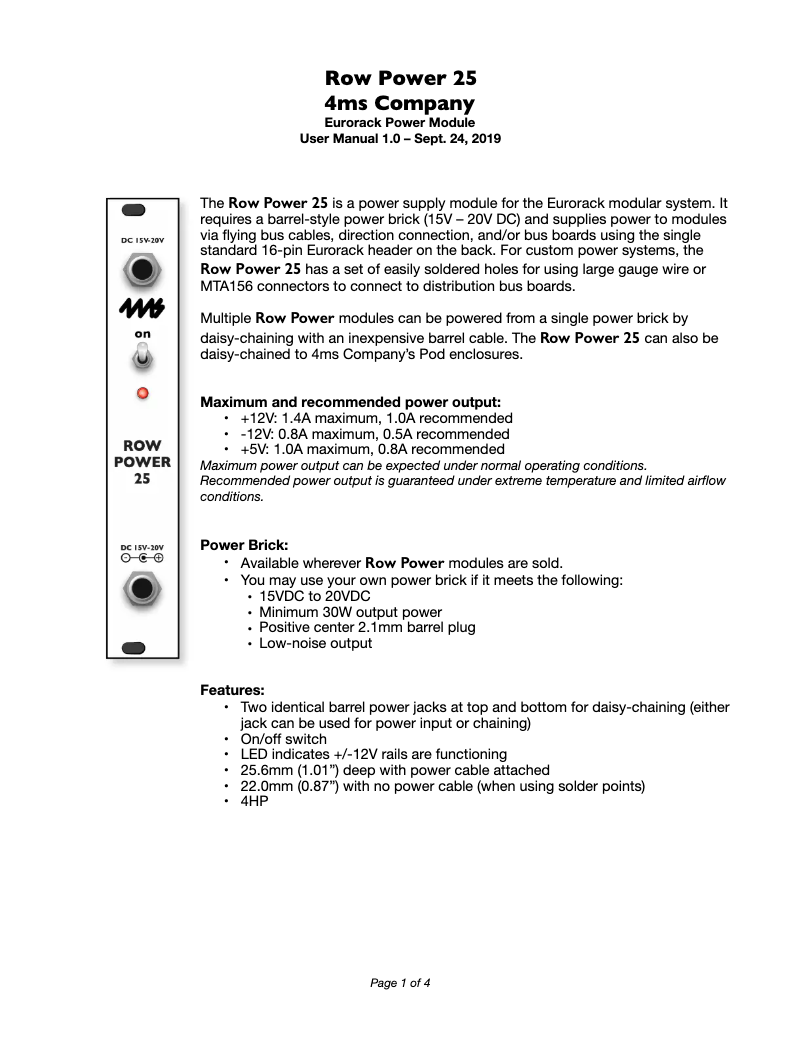 Page n°1 - Manuel utilisateur 4ms Row Power 25