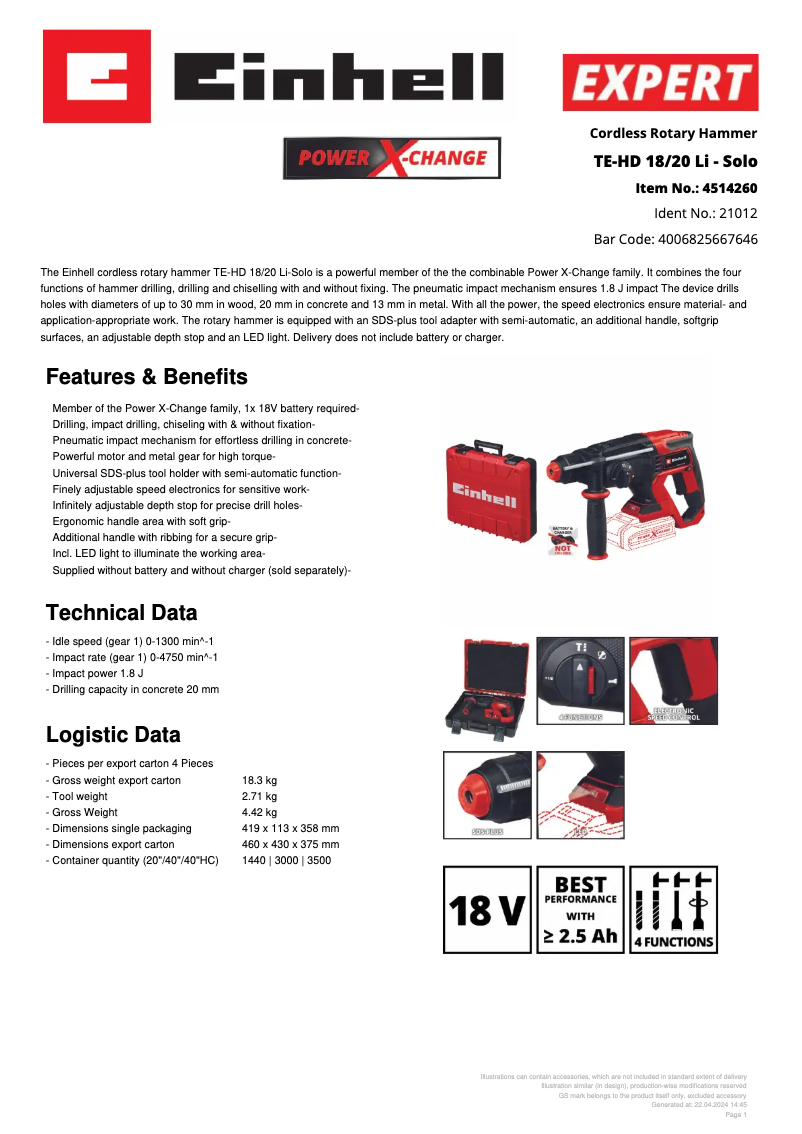Page n°1 - Fiche technique Einhell TE-HD 18/20 Li