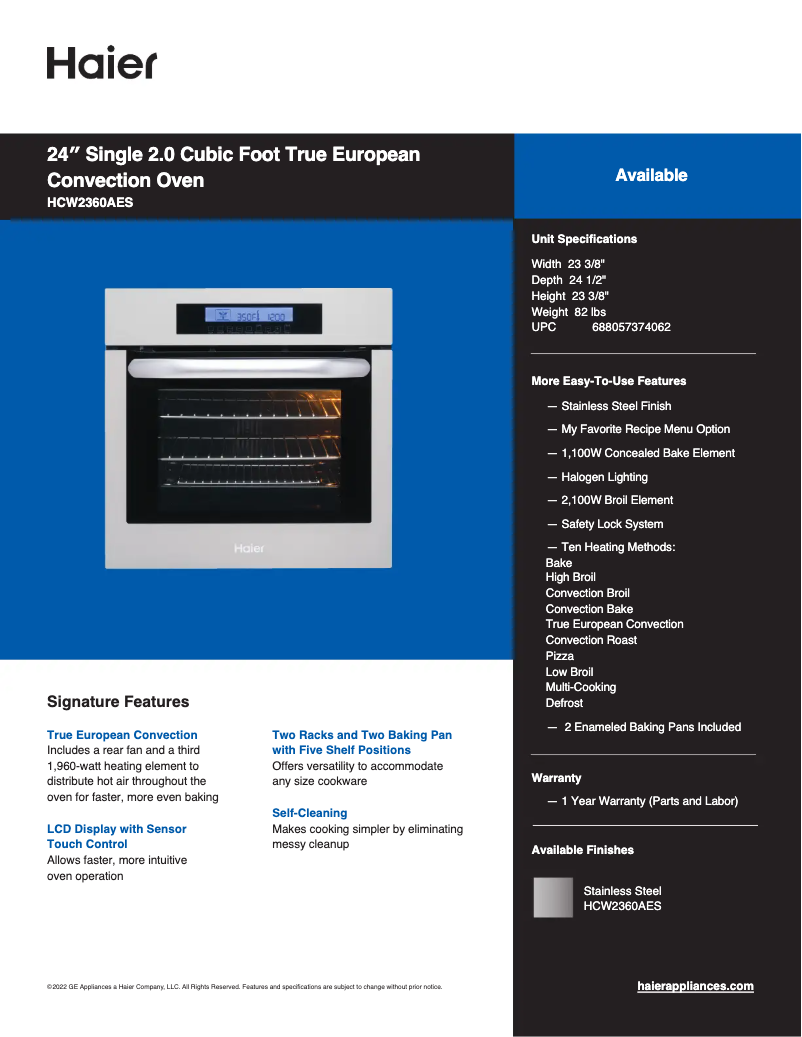 Page 1 de la notice Fiche technique Haier HCW2360AES