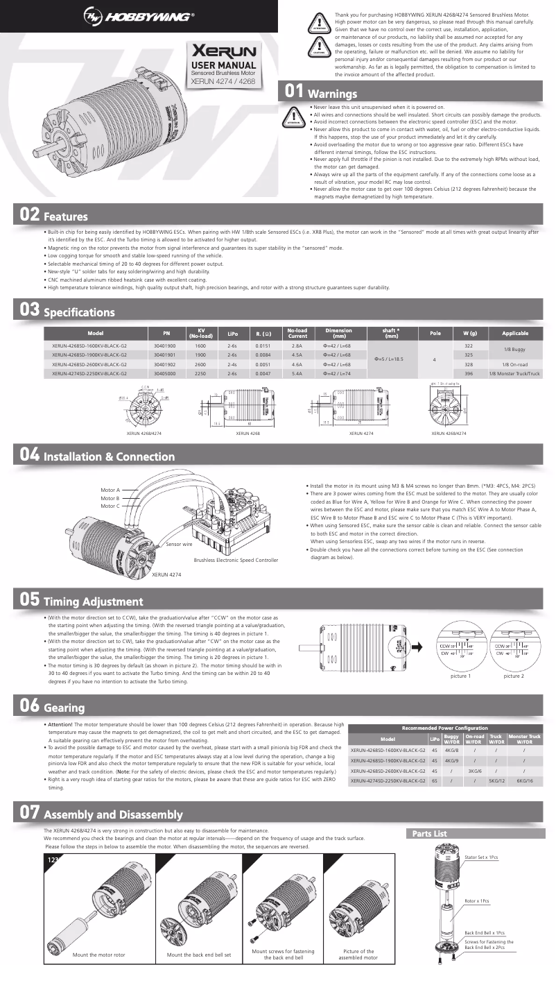Page 1 de la notice Manuel utilisateur Hobbywing XeRun-4268SD-2600KV-G2