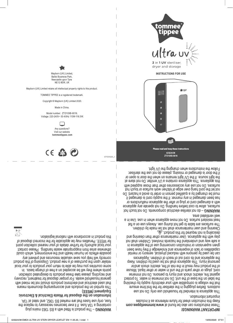 Page 1 de la notice Manuel utilisateur Tommee Tippee Ultra UV