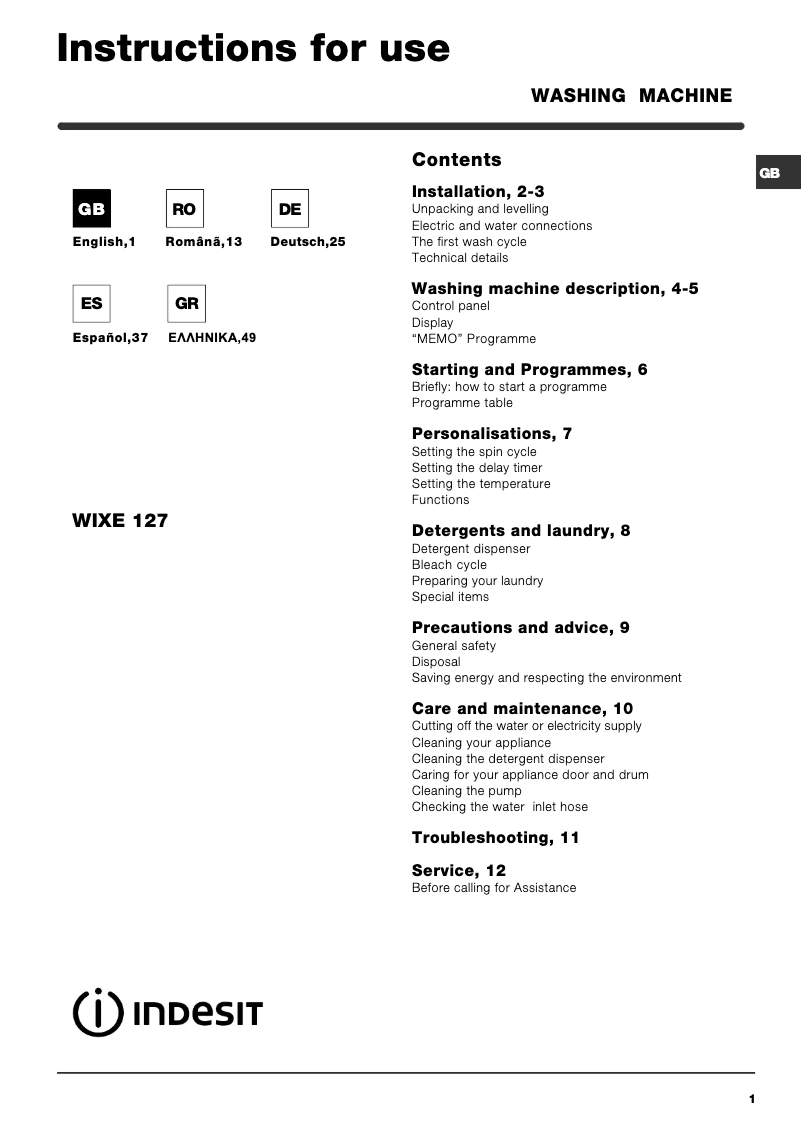 Page 1 de la notice Manuel utilisateur Indesit WIXE 127 (EX).R