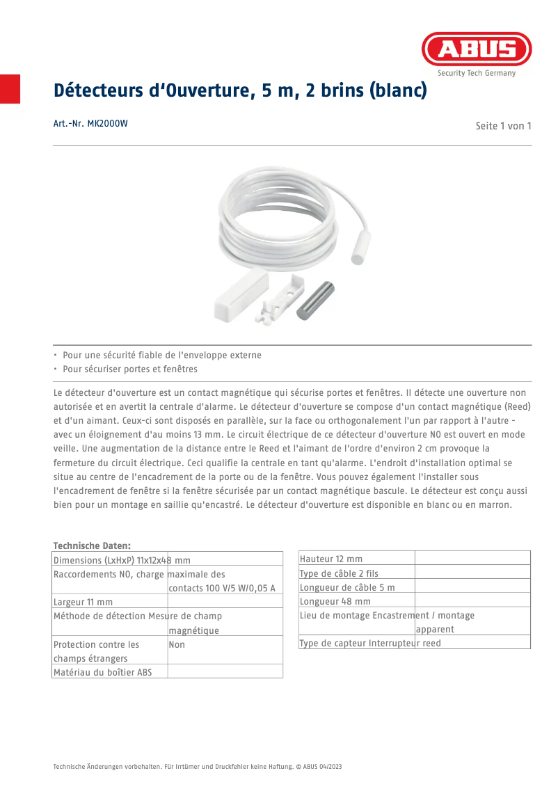 Página 1 del manual Ficha técnica Abus MK2000