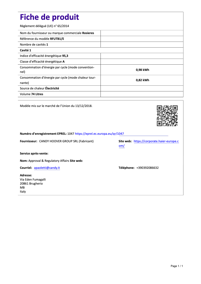 Page 1 de la notice Fiche technique Rosieres RFUT B1/E