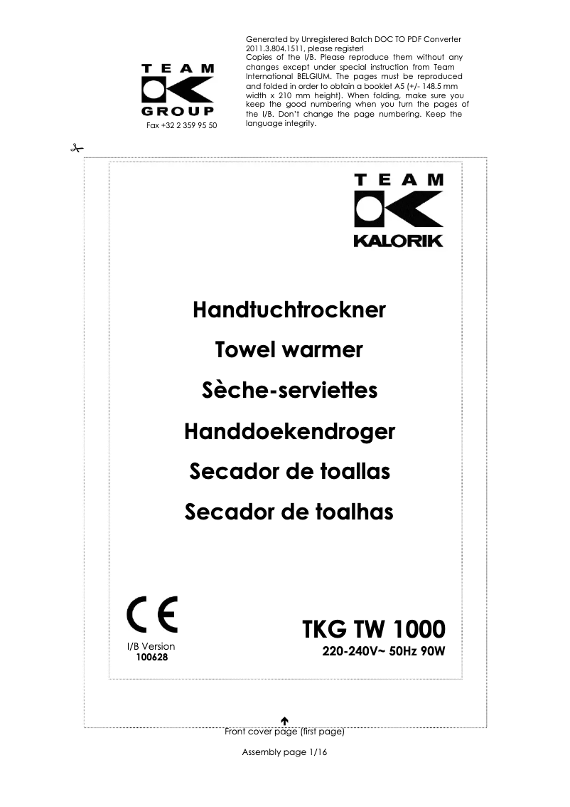 Page n°1 - Manuel utilisateur Kalorik TKG TW 1000