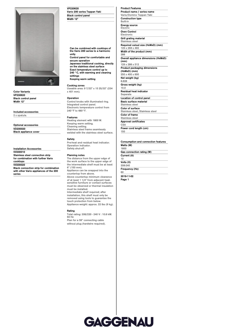 Page 1 de la notice Fiche technique Gaggenau VP230620