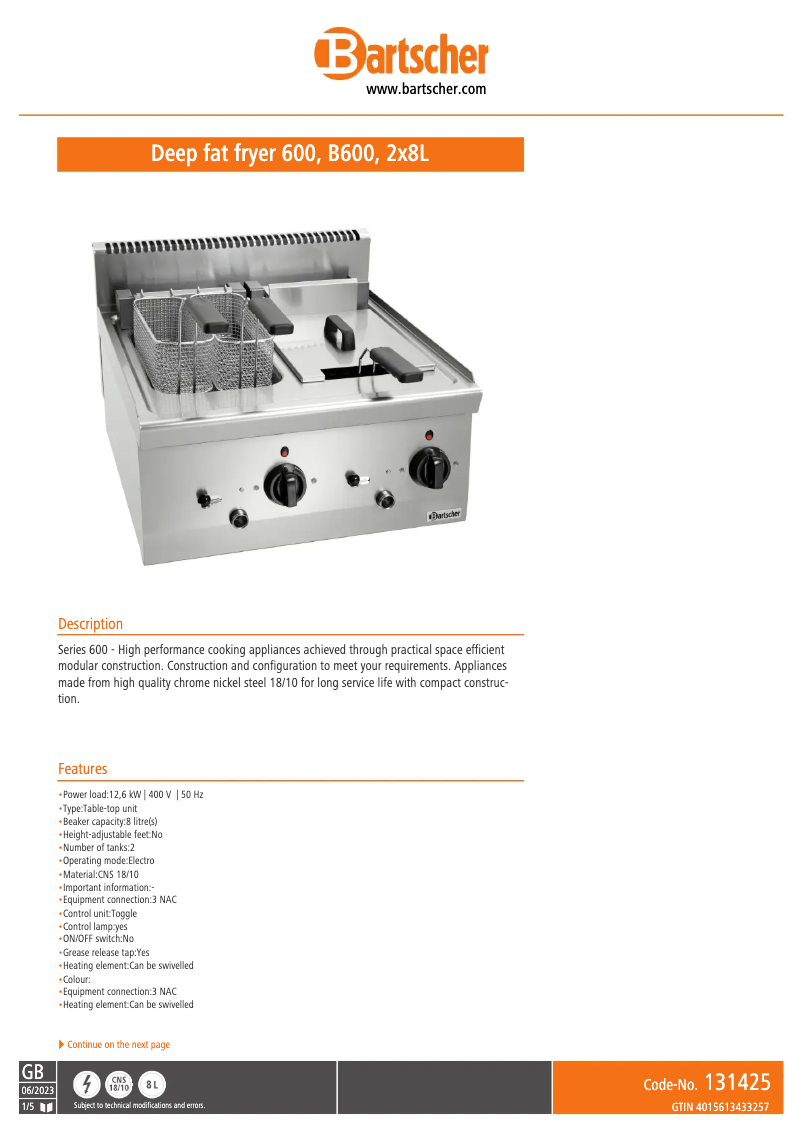 Page 1 de la notice Manuel utilisateur Bartscher 272335