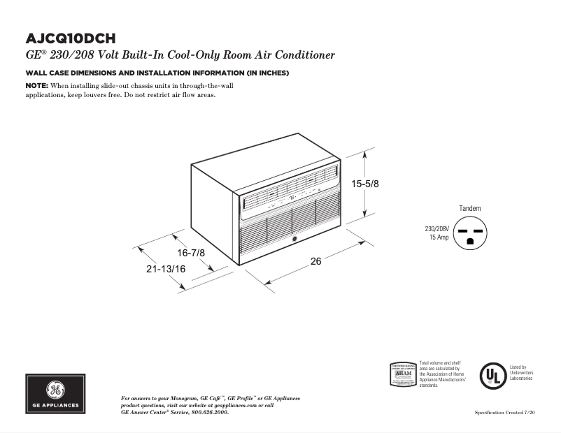 Page 1 of the manual Technical Sheet GE AJCQ10DCH