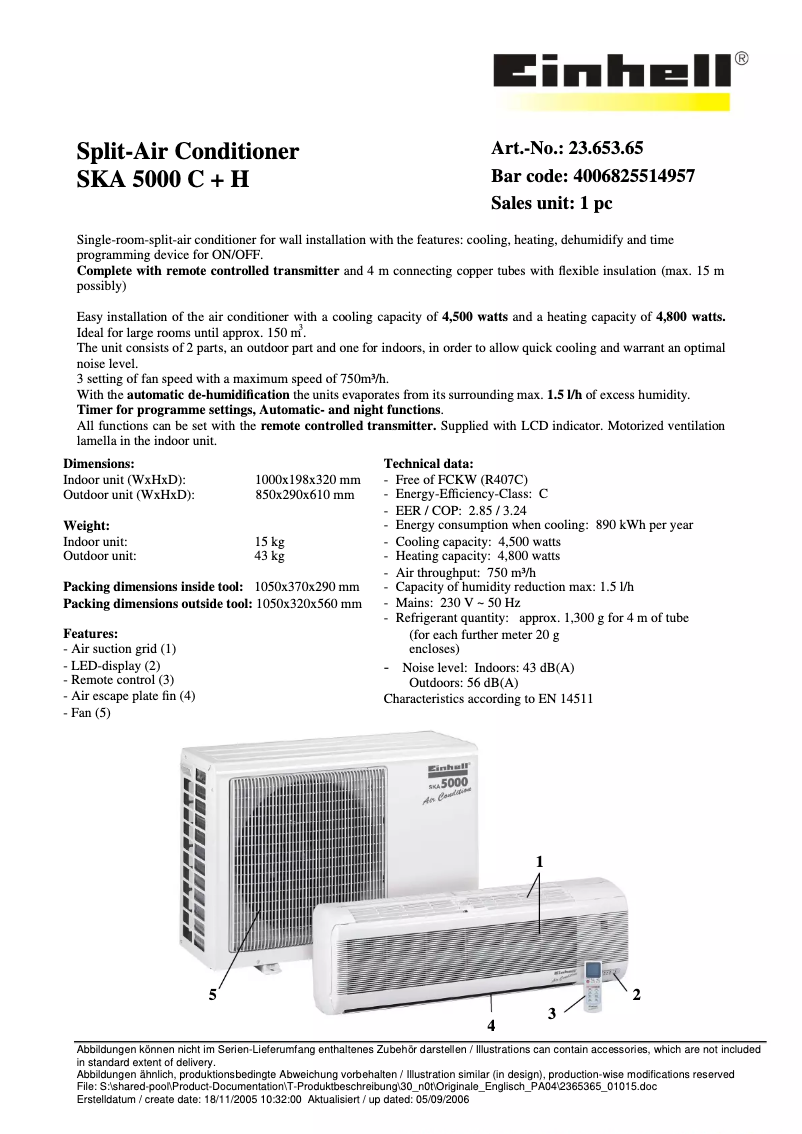 Page 1 de la notice Fiche technique Einhell SKA 5000 C+H