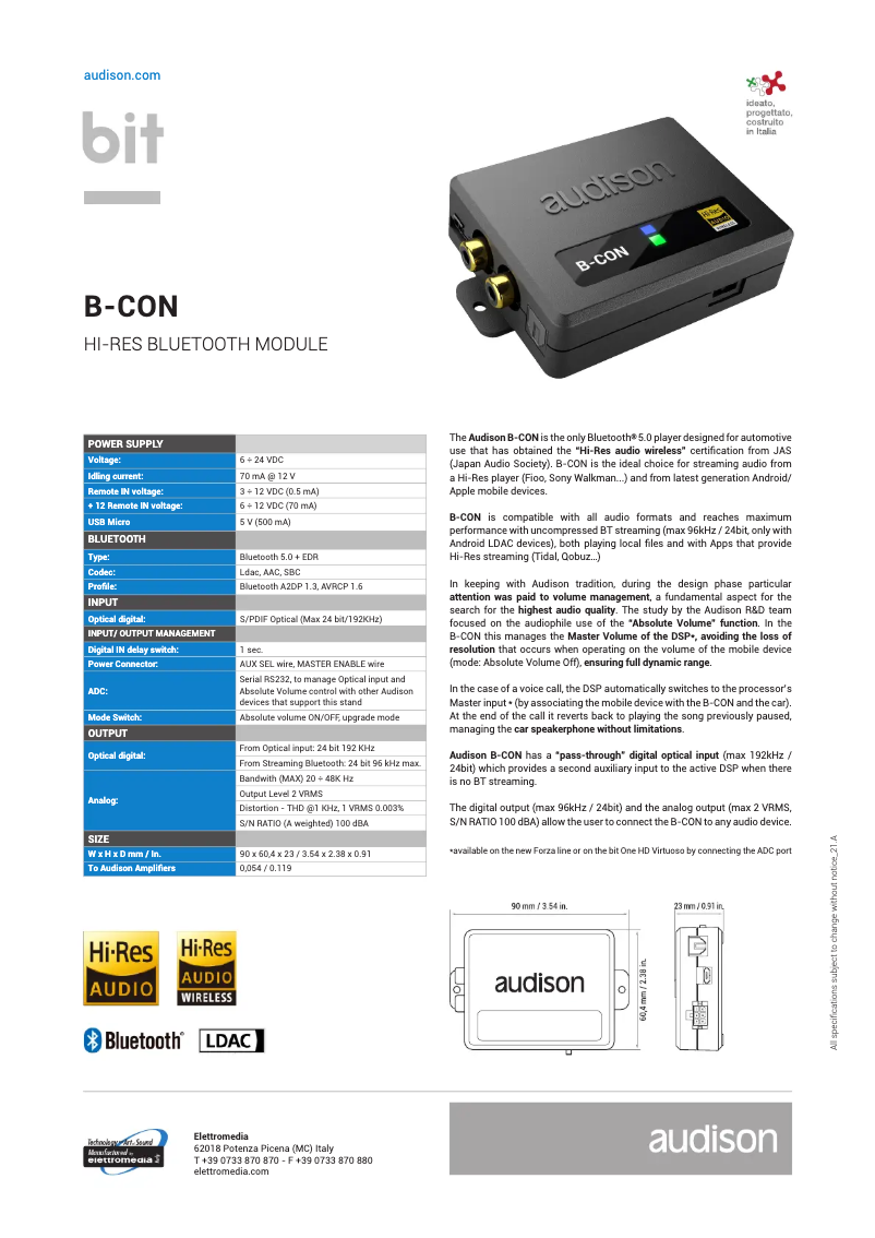 Page 1 de la notice Fiche technique Audison B-CON