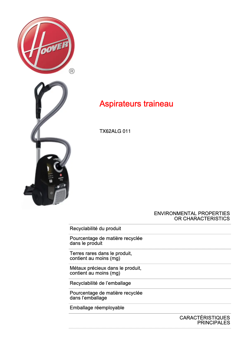 Page n°1 - Fiche technique Hoover TX62ALG 011